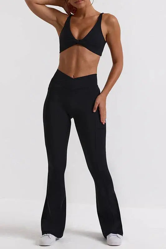 CROSS WAIST BAND WIDE LEGGINGS-BLACK