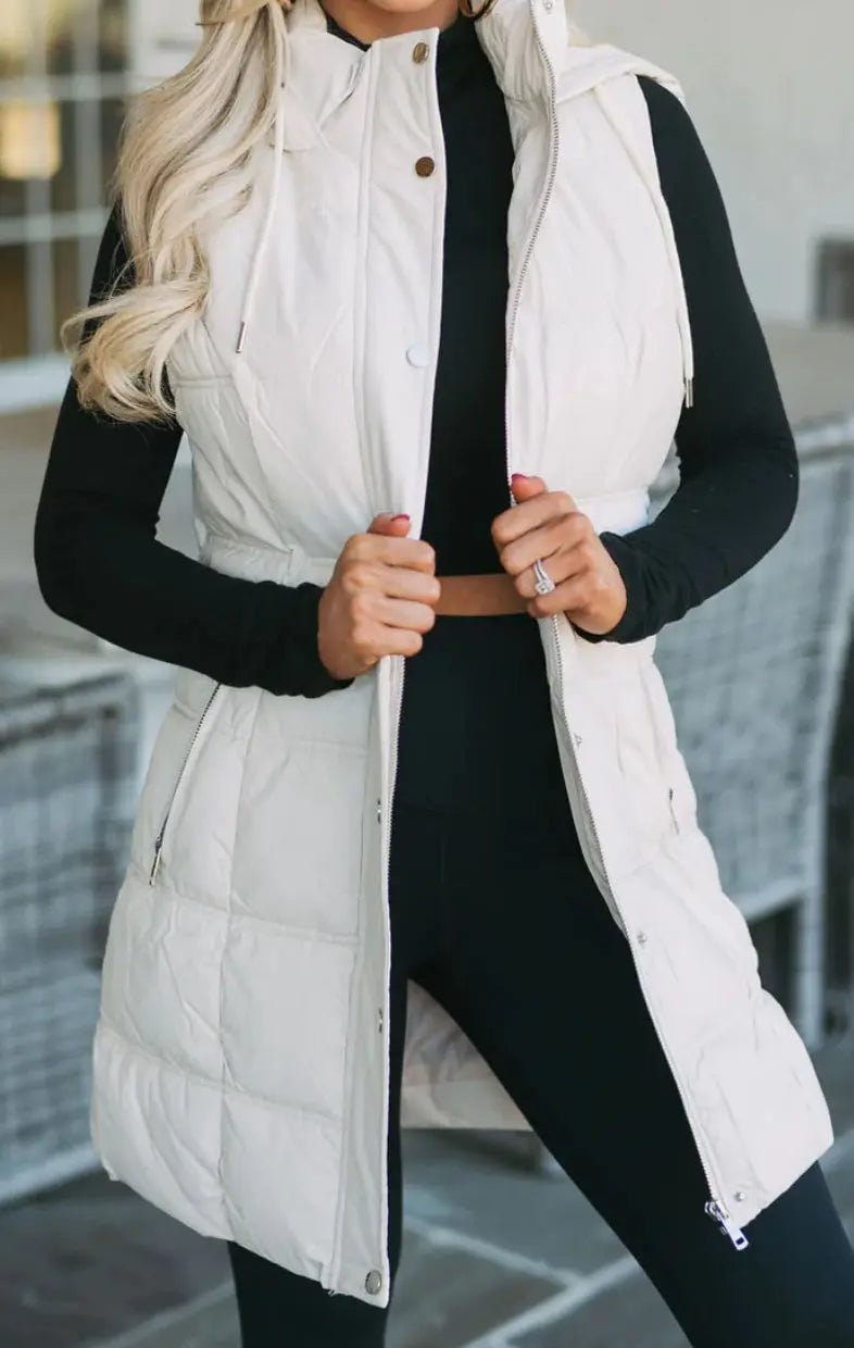 MADDI FAUX LEATHER LONG PUFFER VEST-IVORY