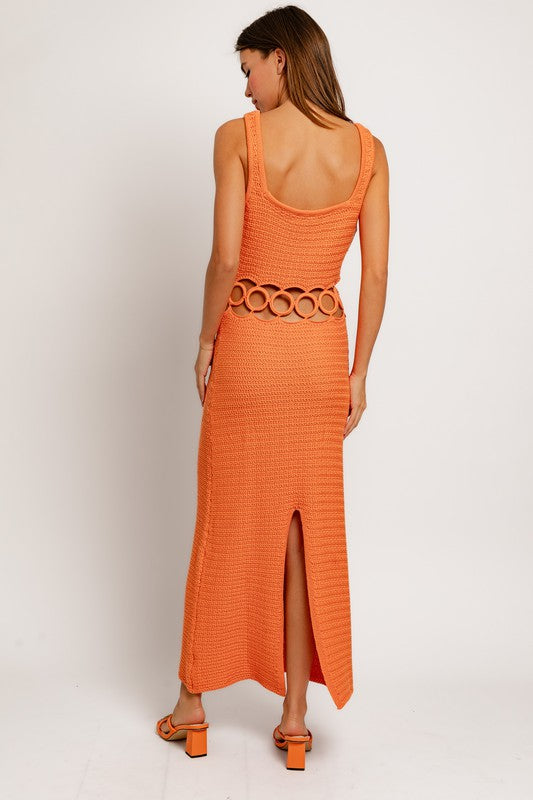 SLEEVELESS CROCHET MIDI DRESS-ORANGE