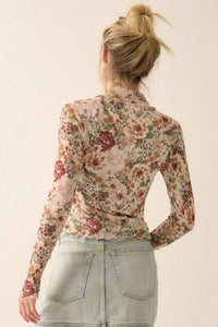 FLORAL MESH LONG SLEEVE TOP-CREAM