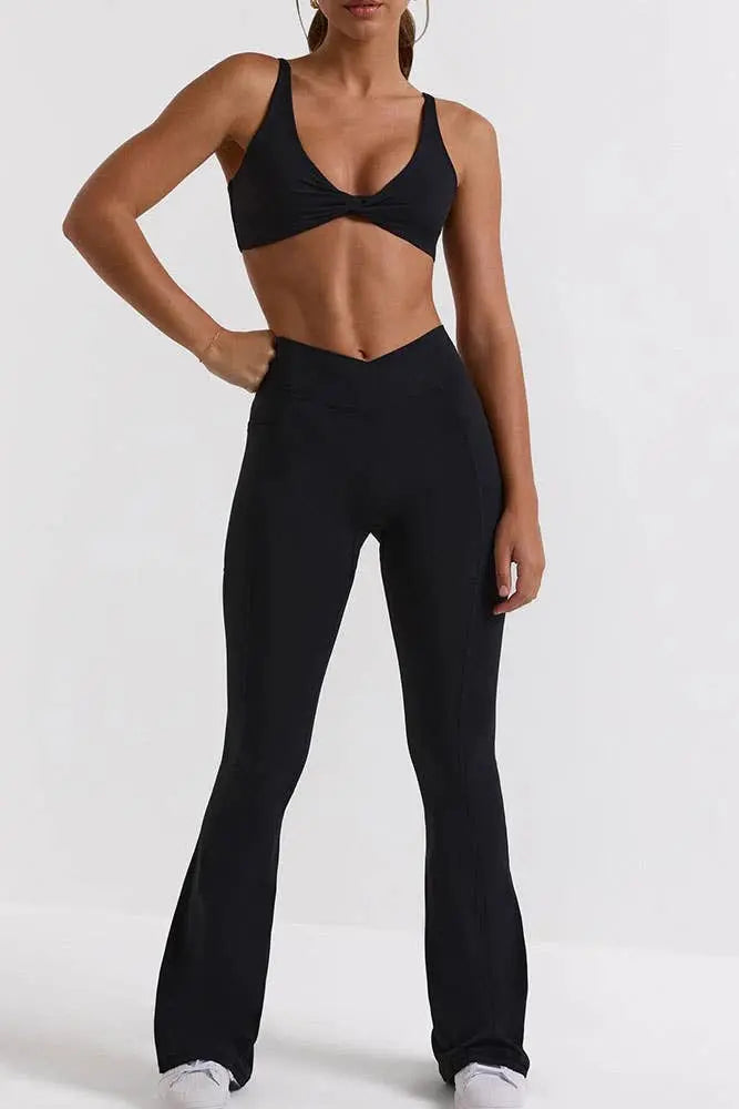 CROSS WAIST BAND WIDE LEGGINGS-BLACK