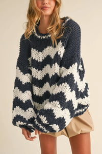 CHEVRON PATTERN OVERSIZED CHUNKY KNIT SWEATER TOP