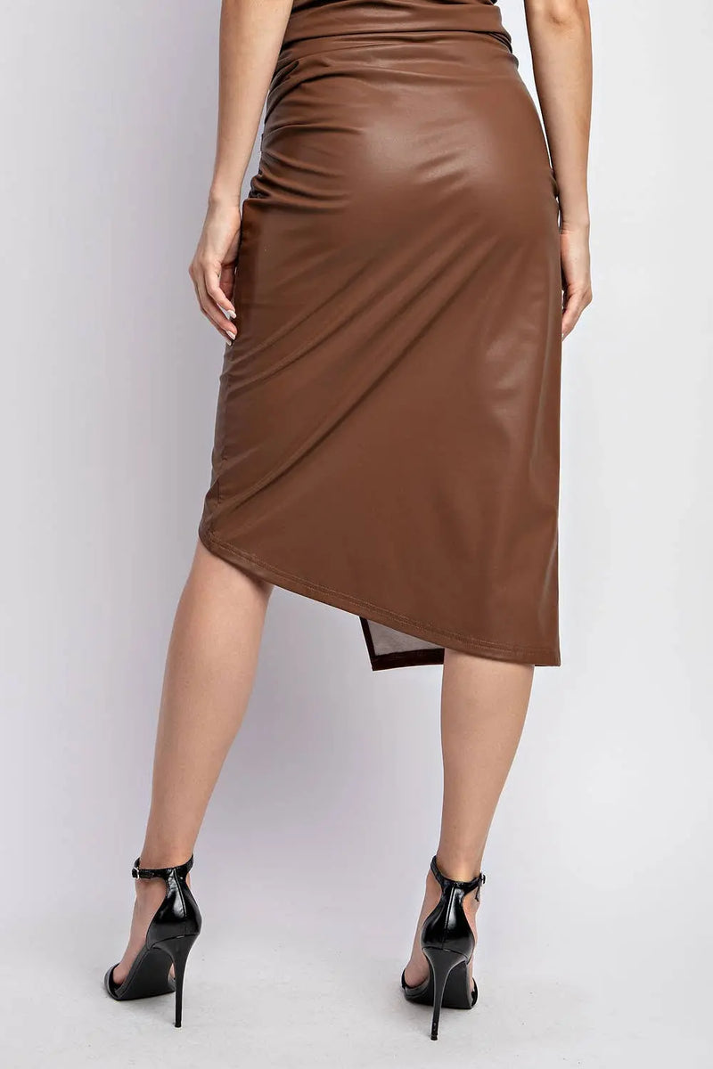 ASYMMETRIC WRAP FRONT DETAILED LEATHER MIDI SKIRT