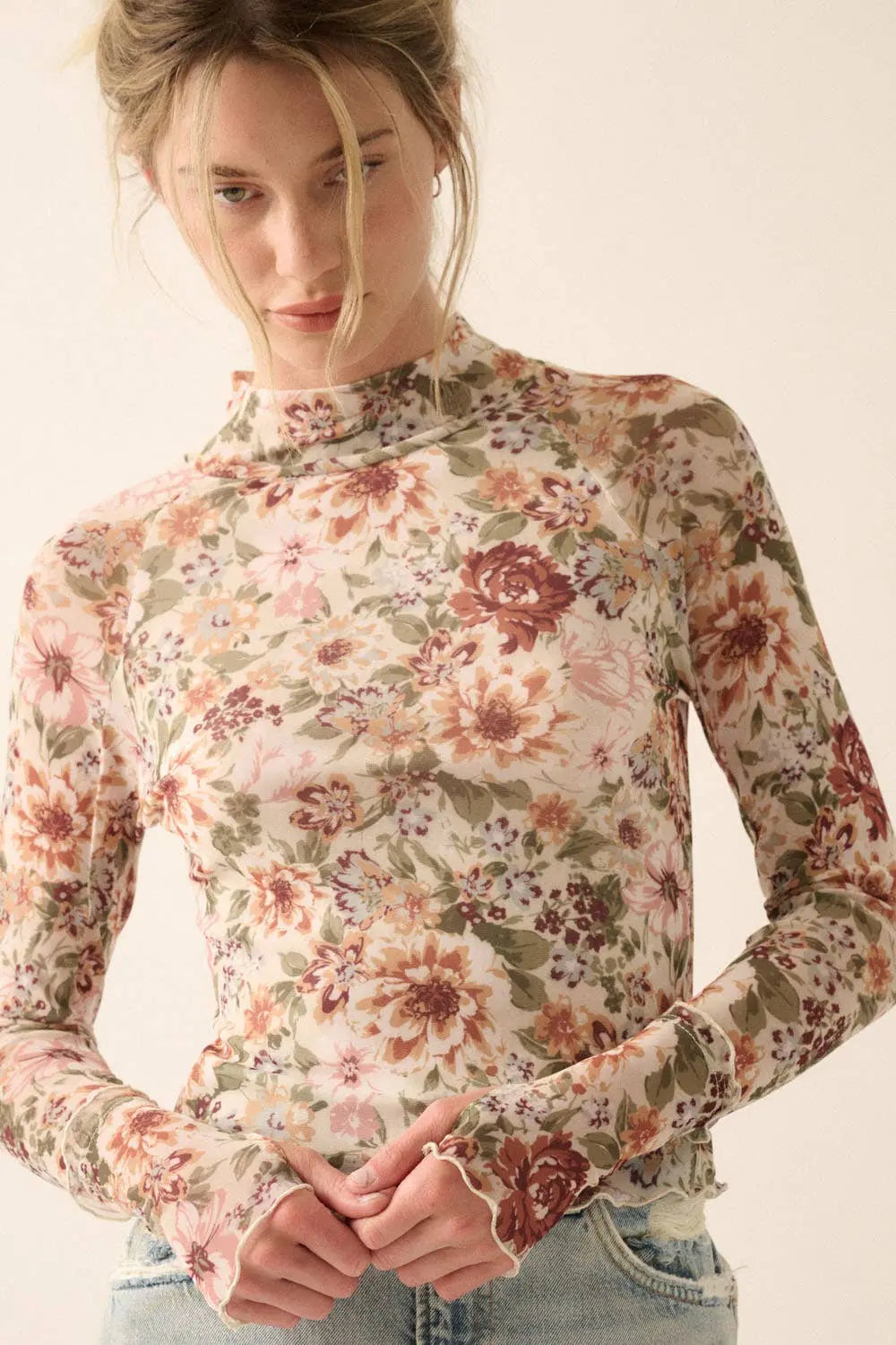 FLORAL MESH LONG SLEEVE TOP-CREAM