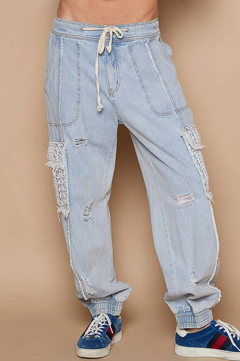 TIE WAISTBAND CROCHET CARGO DENIM JOGGERS