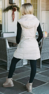 MADDI FAUX LEATHER LONG PUFFER VEST-IVORY