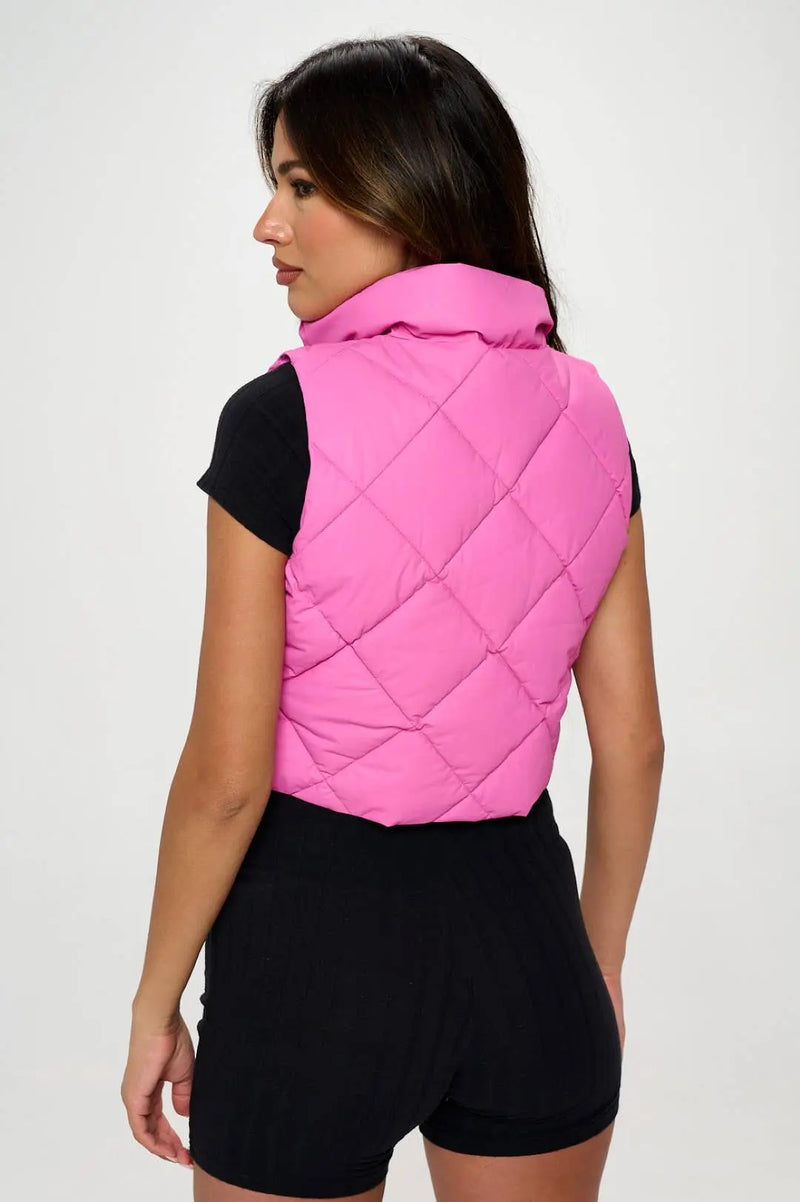 VEGAN LEATHER PUFFER VEST-HOT PINK