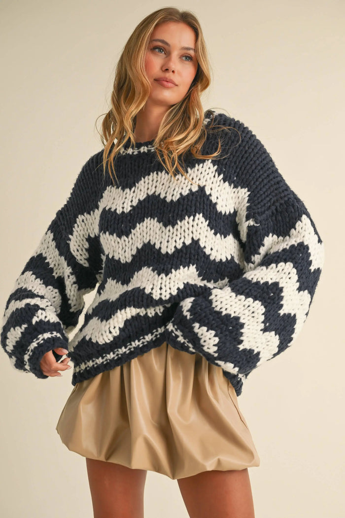 CHEVRON PATTERN OVERSIZED CHUNKY KNIT SWEATER TOP