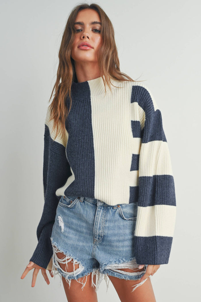 ALL YOURS COLOR BLOCK MOCK SWEATER-NAVY/IVORY - UNCOMMON REIGN