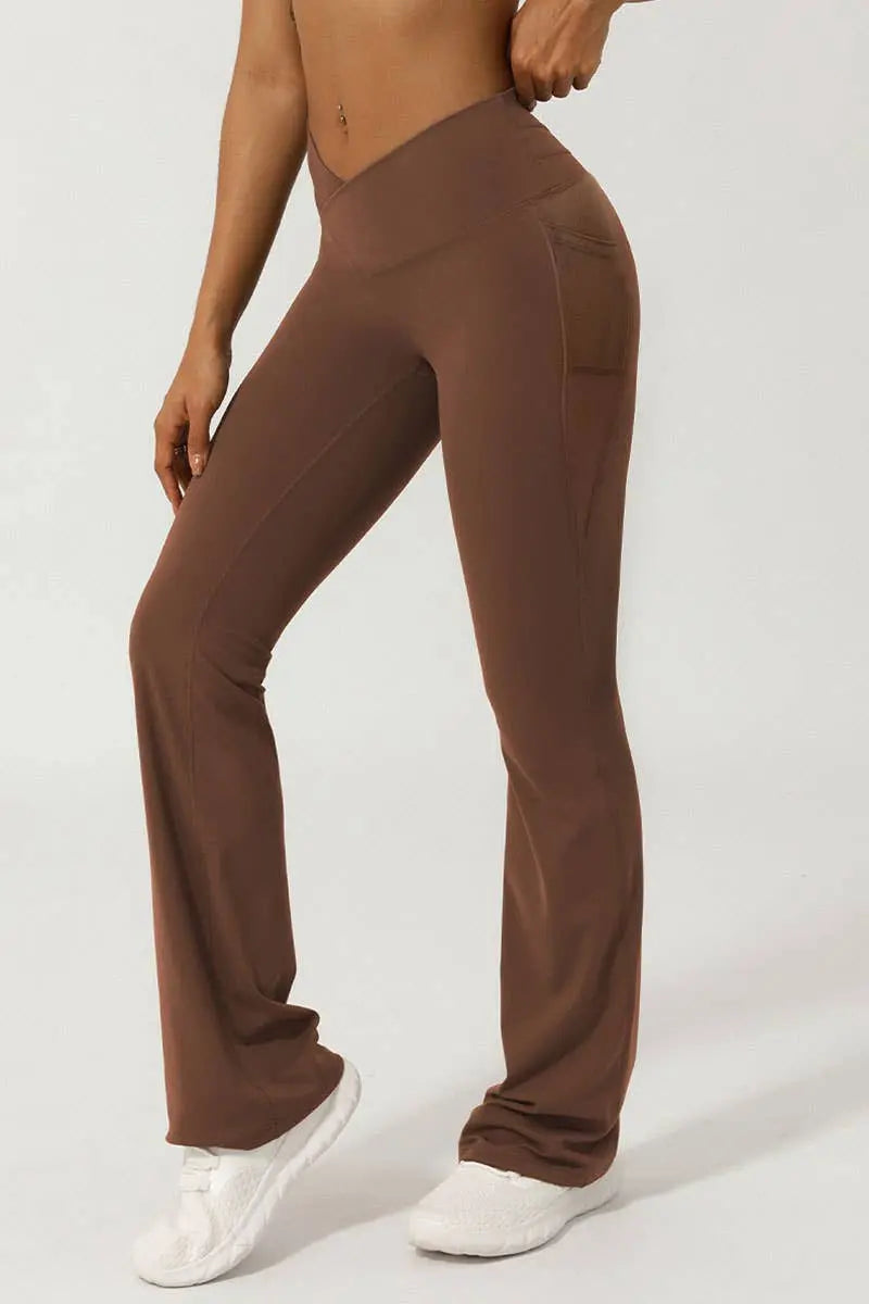 CROSS WAIST BAND WIDE LEGGINGS-BROWN