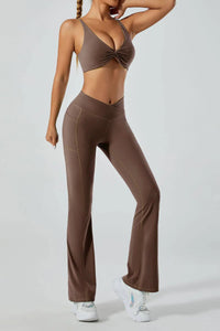 CROSS WAIST BAND WIDE LEGGINGS-BROWN