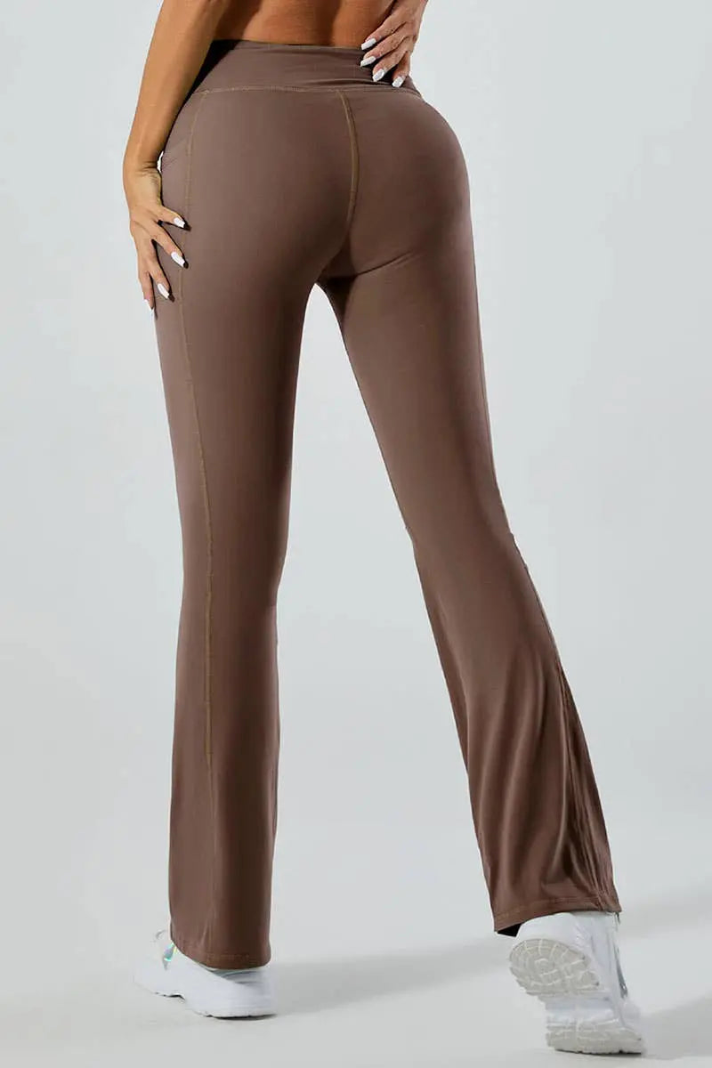 CROSS WAIST BAND WIDE LEGGINGS-BROWN