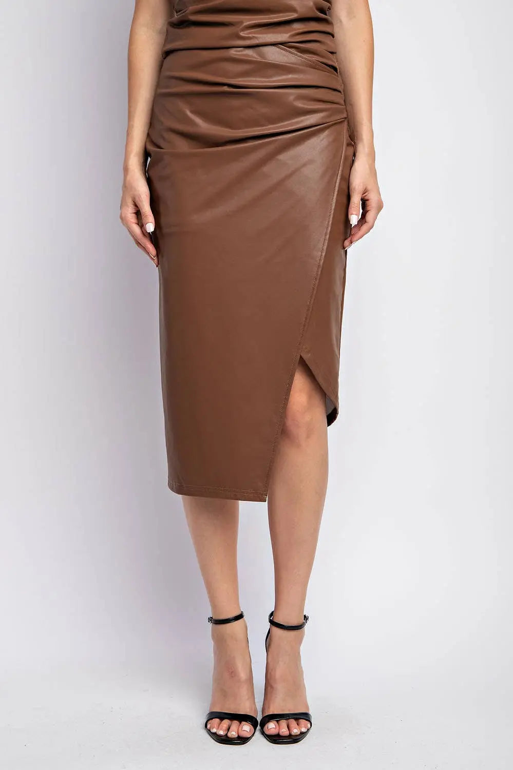 ASYMMETRIC WRAP FRONT DETAILED LEATHER MIDI SKIRT