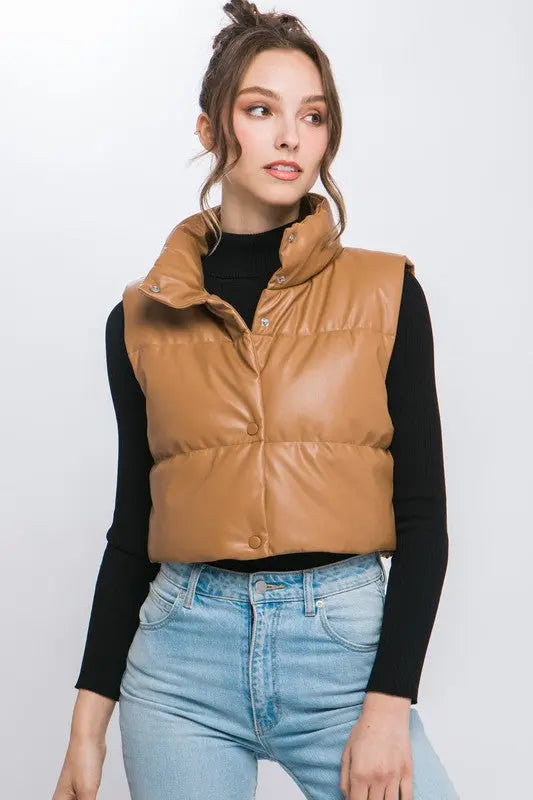 WESTIN FAUX LEATHER PUFFER VEST-CAMEL