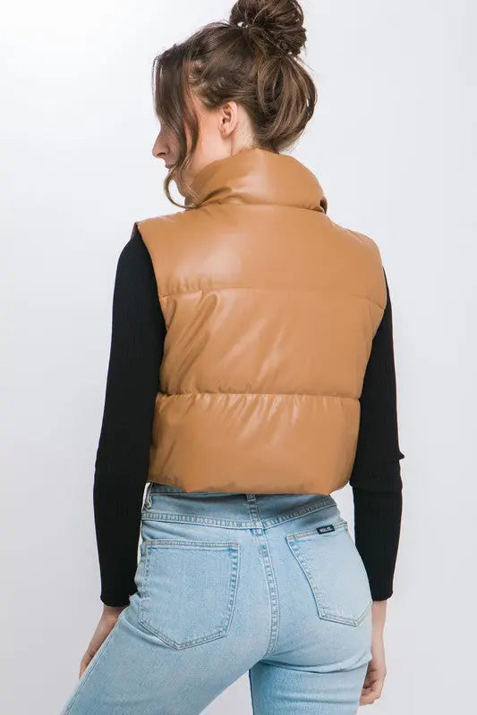 WESTIN FAUX LEATHER PUFFER VEST-CAMEL