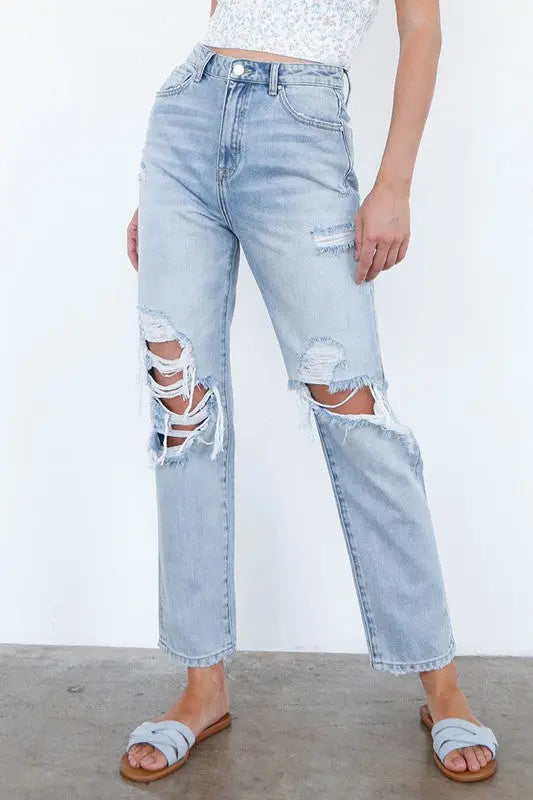 High Waist Ripped Loose Fit Jeans Denim Lab USA