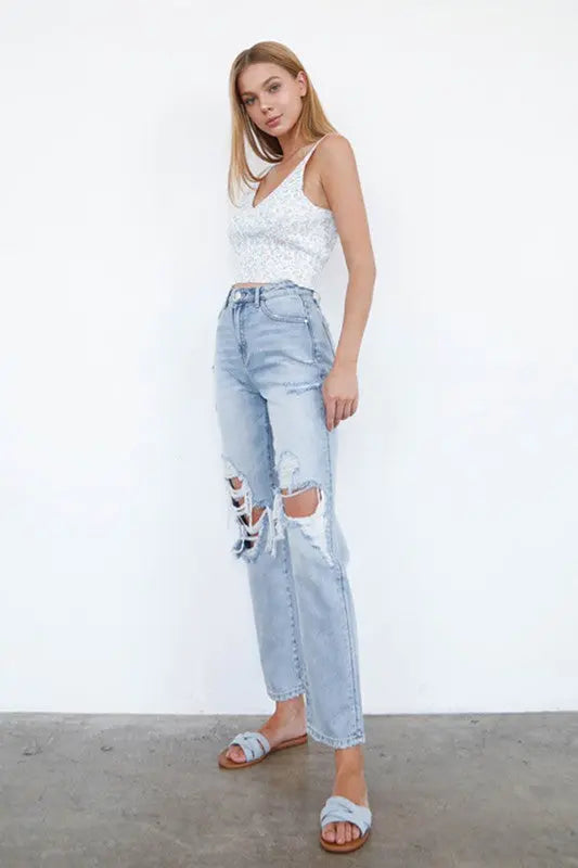 High Waist Ripped Loose Fit Jeans Denim Lab USA