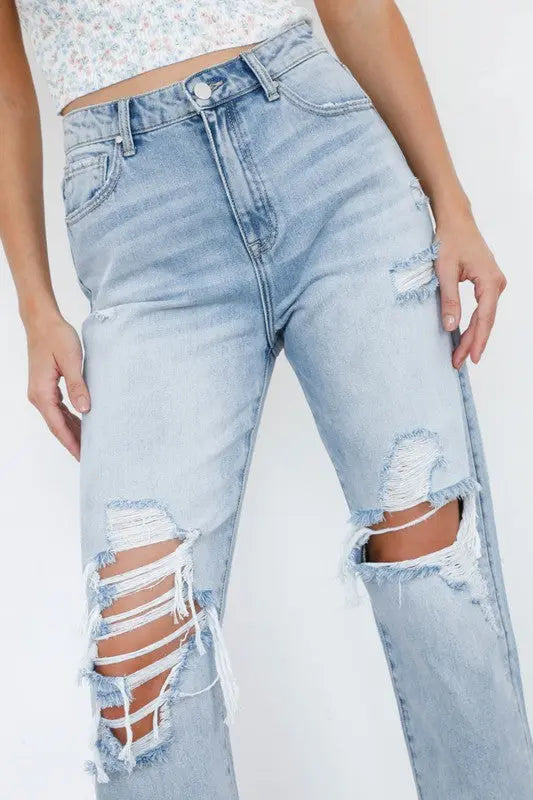 High Waist Ripped Loose Fit Jeans Denim Lab USA