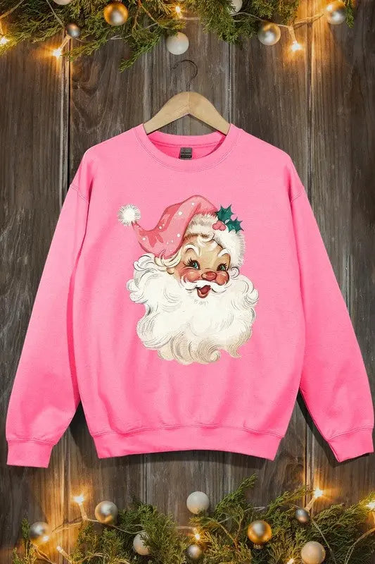 Retro Pink Santa Graphic Fleece Sweatshirts Color Bear