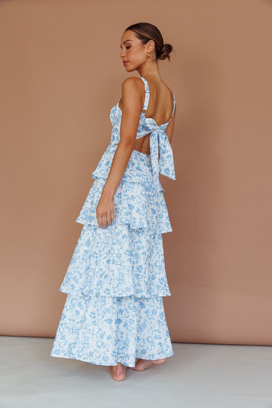 FLORAL TIERED MAXI DRESS-BLUE - UNCOMMON REIGN