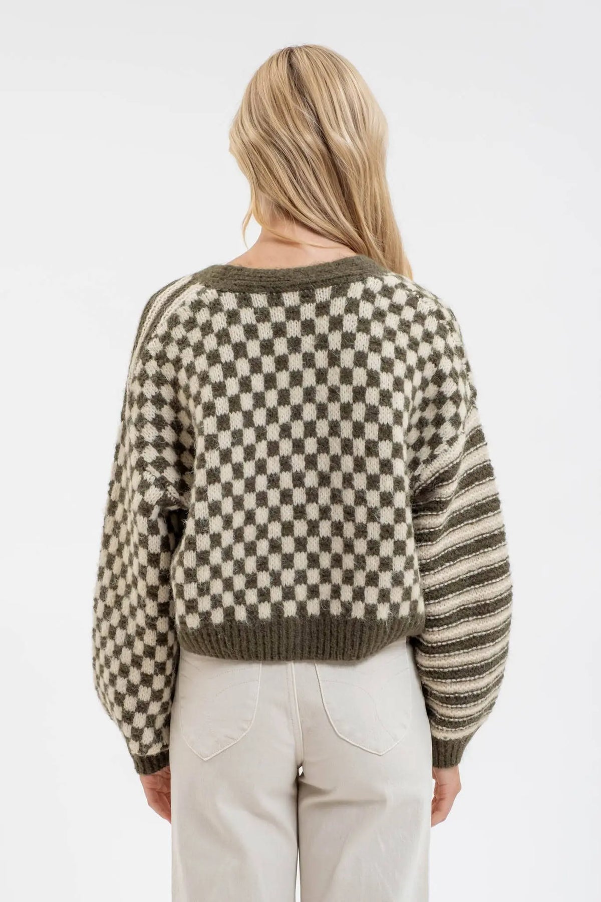 STRIPE AND CHECKERED DROP SHOULDER KNIT CARDIGAN