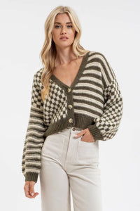 STRIPE AND CHECKERED DROP SHOULDER KNIT CARDIGAN