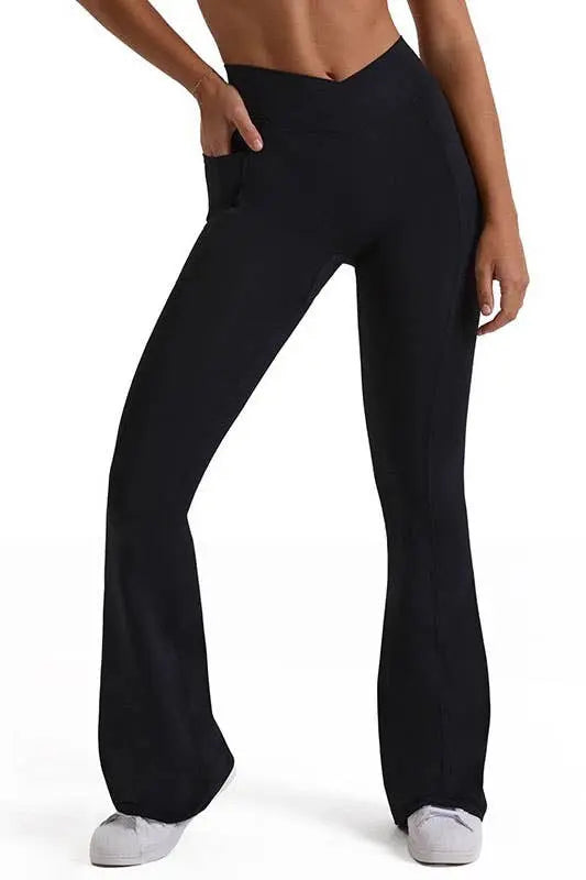 CROSS WAIST BAND WIDE LEGGINGS-BLACK