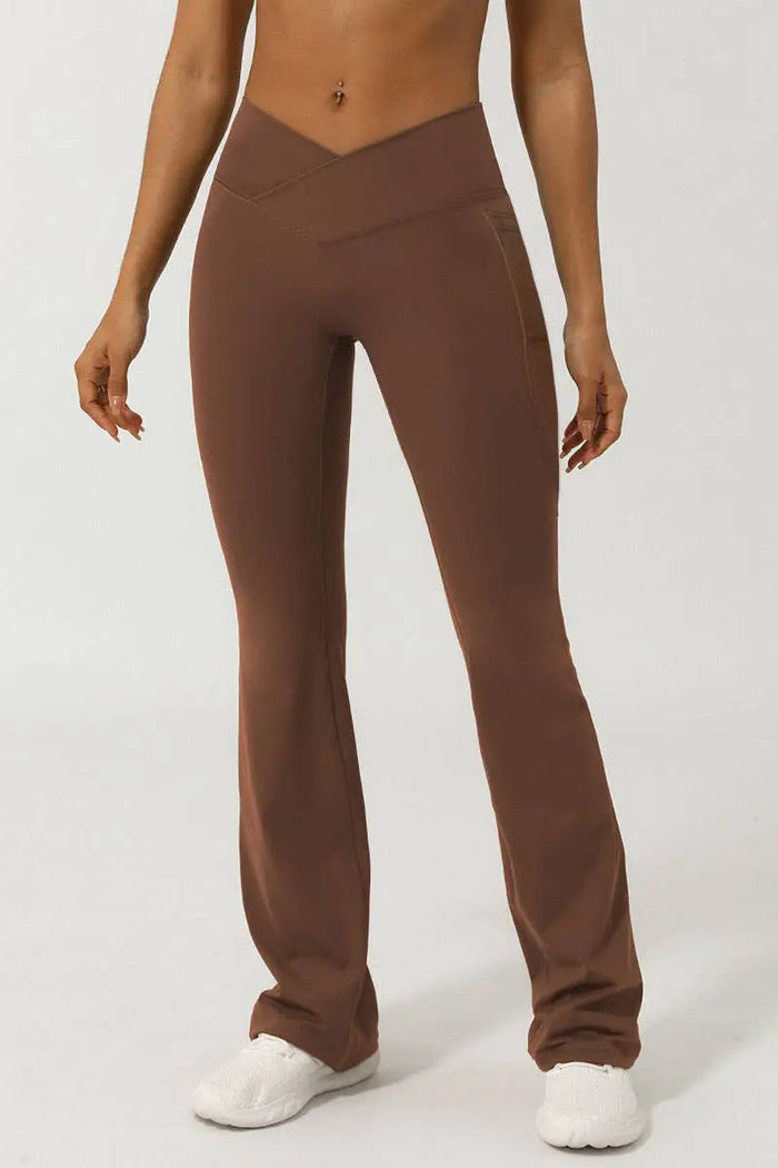 CROSS WAIST BAND WIDE LEGGINGS-BROWN - UNCOMMON REIGN