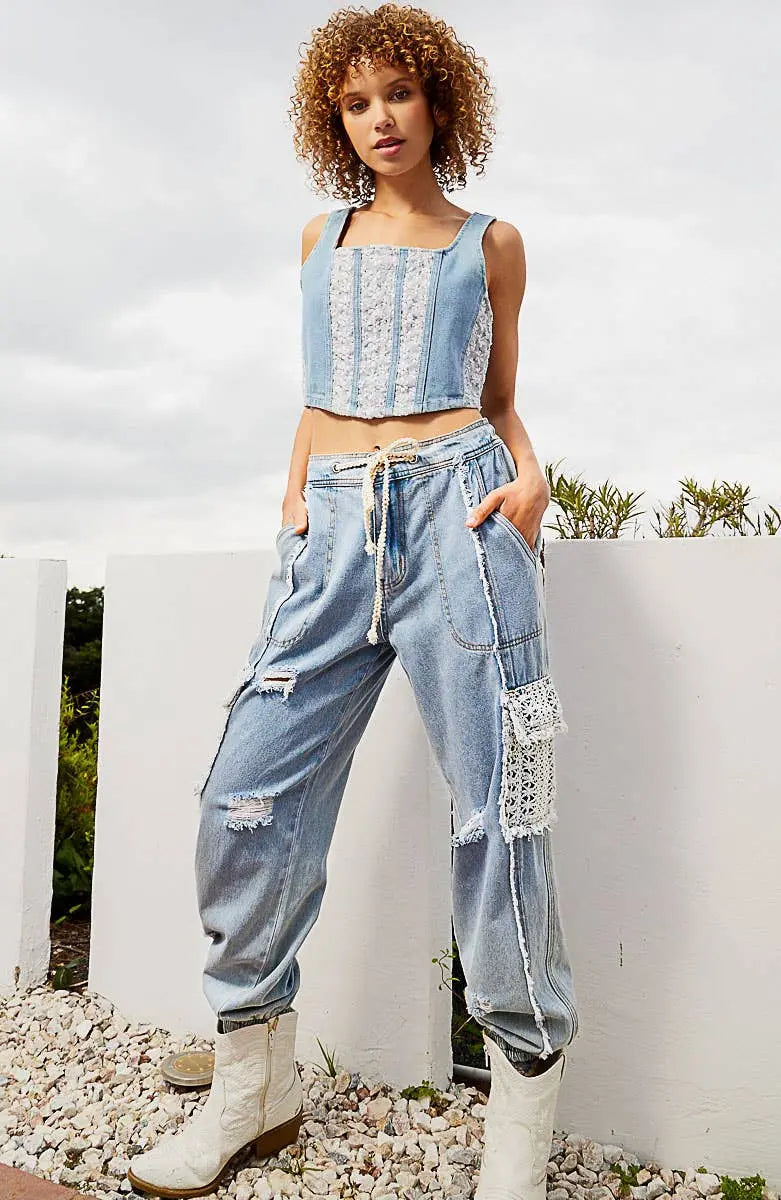 TIE WAISTBAND CROCHET CARGO DENIM JOGGERS