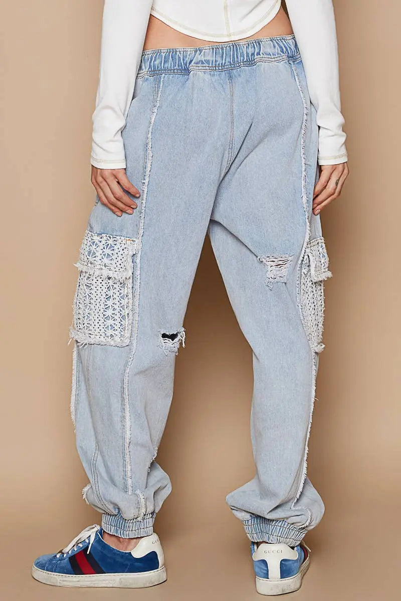 TIE WAISTBAND CROCHET CARGO DENIM JOGGERS