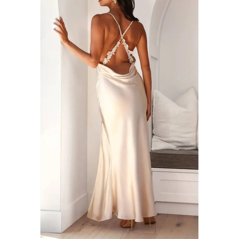 COWL NECK FLOWER EMBROIDERED MAXI DRESS CHAMPAGNE