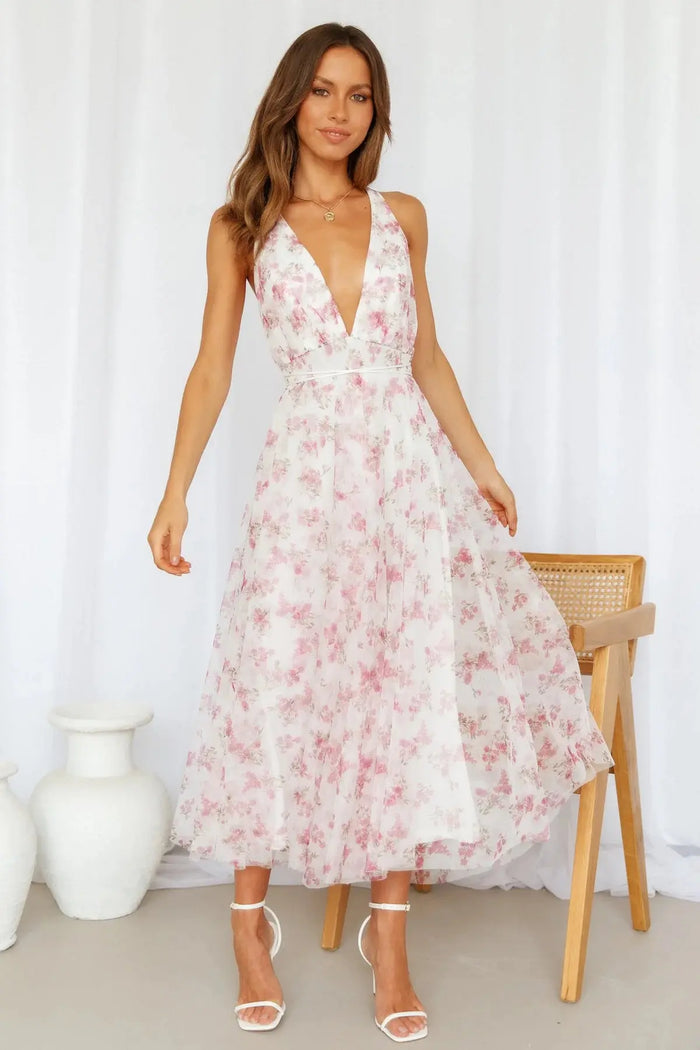 FLORAL TULLE MAXI DRESS PINK