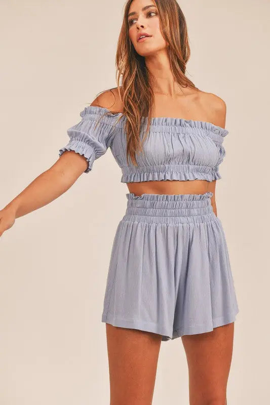 TAKE THE RISK CROP TOP TWO-PIECE SHORT SET - BLUE Uncommon Reign